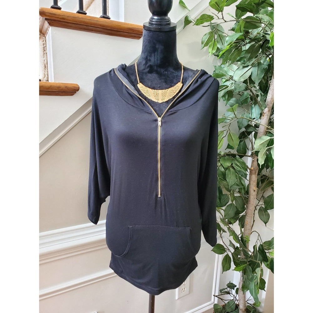 Papaya Women's Black Rayon Long Sleeve Half Zip Front Casual Hoodie Size Small